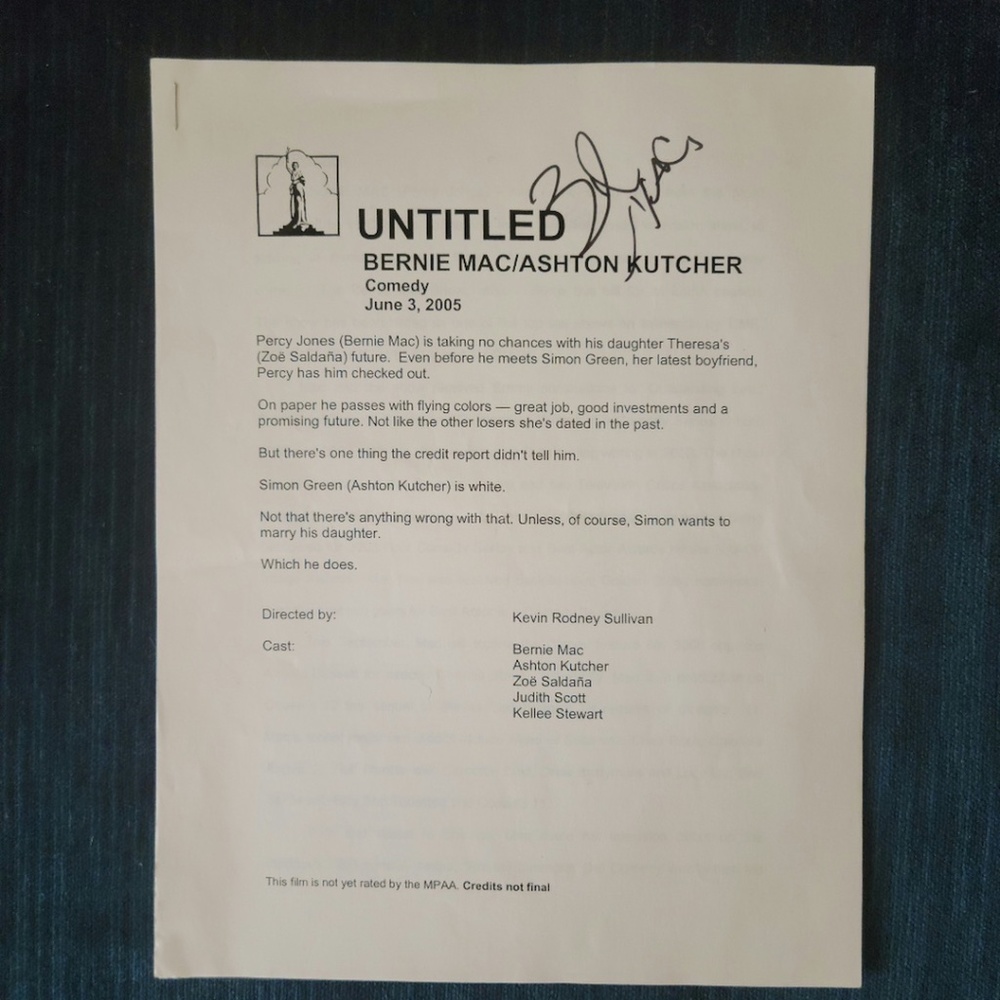 Authentic Bernie Mac Autograph on "Guess Who" Film Synopsis Sheets